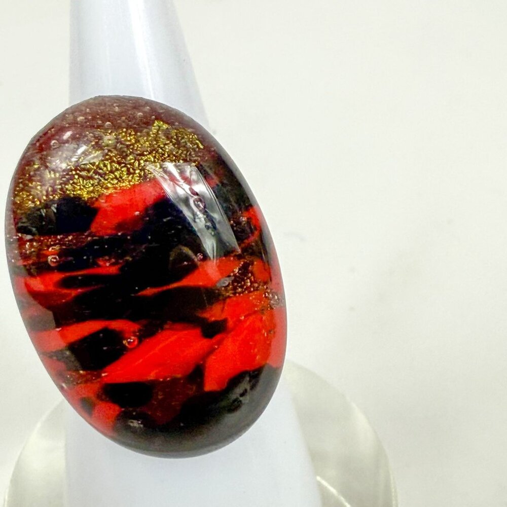 Art Glass Red & Black Copper Avventurine Oval Cabochon Sterling Silver Ring Sz 6